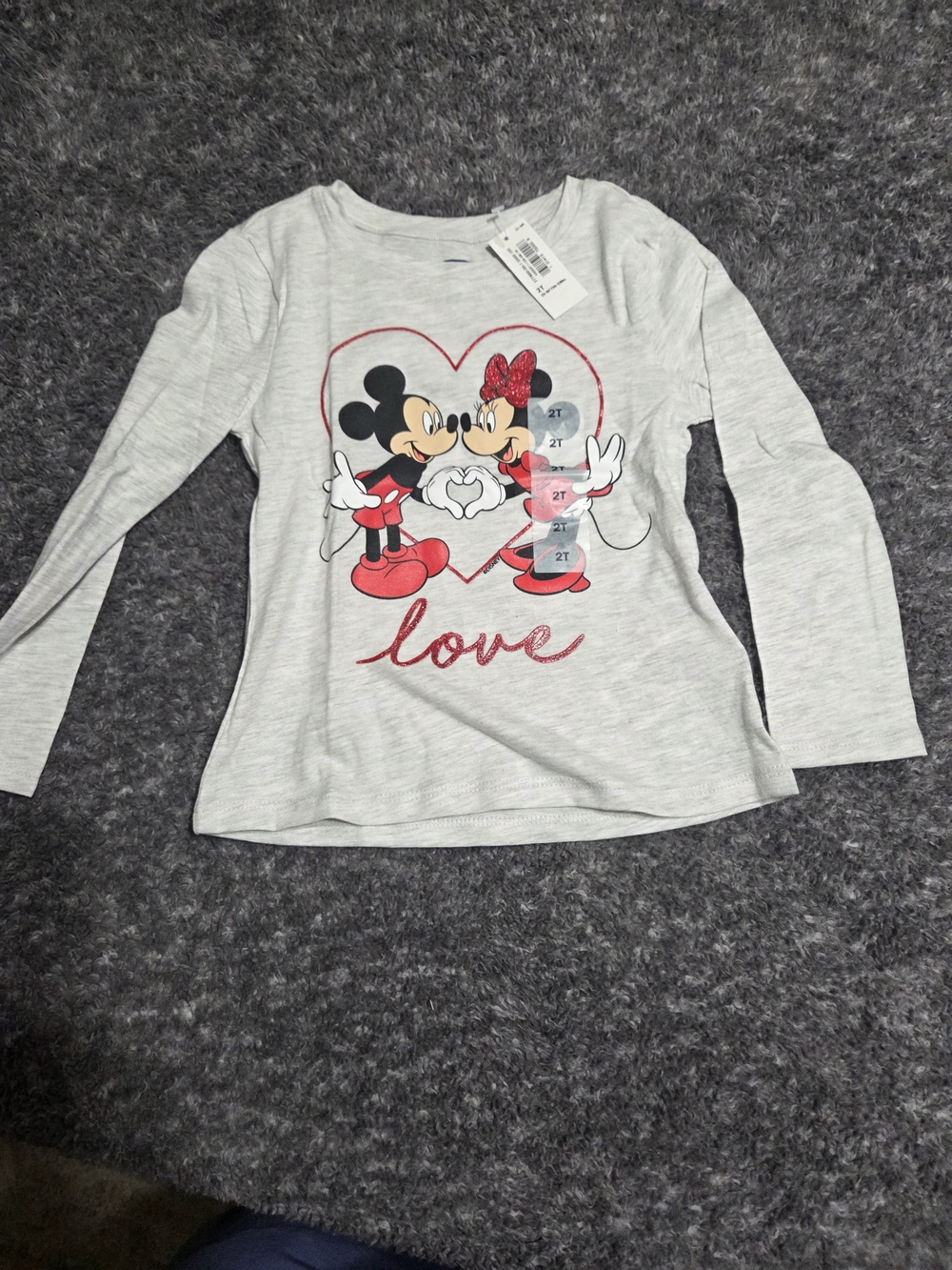 Old Navy Light Gray Long Sleeve Tee with Mickey & Minnie Red Accents